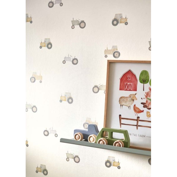 papel pintado infantil con tractores de color gris, mostaza y verde oliva. papel pintado infantil con tractores de color gris, mostaza y verde oliva.