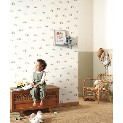 papel pintado infantil con tractores de color gris, mostaza y verde oliva. 2