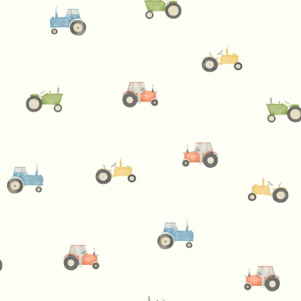 papel pintado infantil con tractores de diferentes colores
