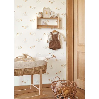 papel pintado infantil con animales en la granja de color gris y beige 2