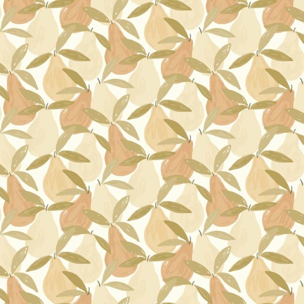Papel pintado infantil con peras de color rosa nude, verde caqui y beige