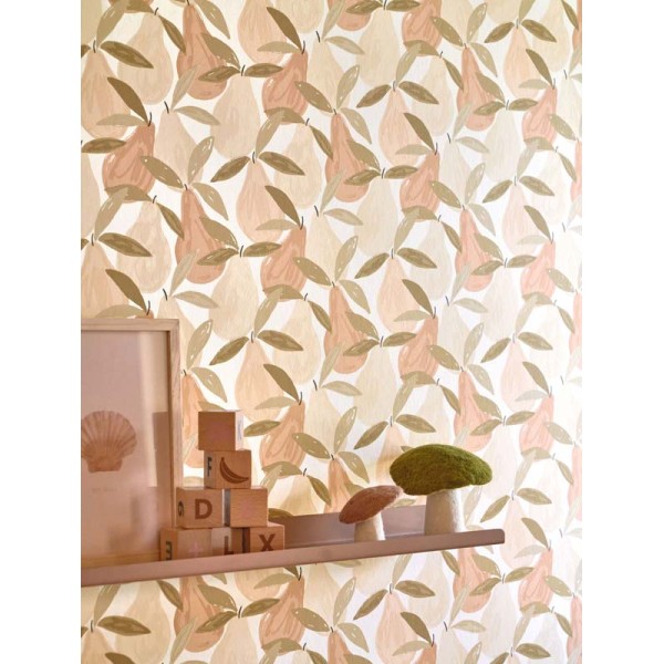 Papel pintado infantil con peras de color rosa nude, verde caqui y beige Papel pintado infantil con peras de color rosa nude, verde caqui y beige