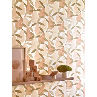 Papel pintado infantil con peras de color rosa nude, verde caqui y beige Papel pintado infantil con peras de color rosa nude, verde caqui y beige