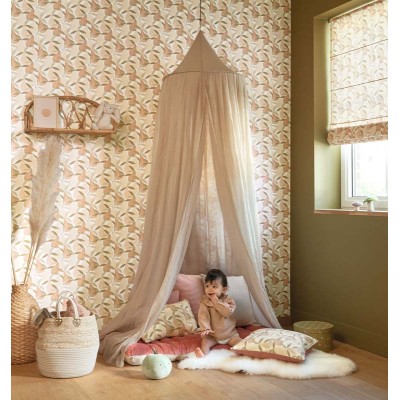 Papel pintado infantil con peras de color verde almendra y naranja claro 2