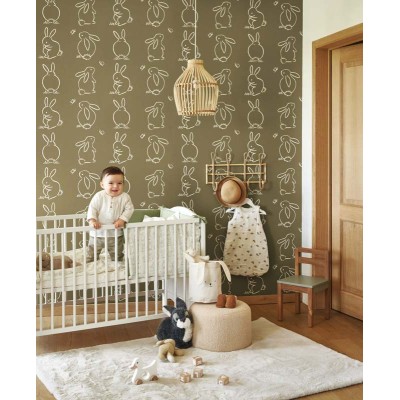 Papel pintado infantil con conejos y fondo verde caqui Papel pintado infantil con conejos y fondo verde caqui