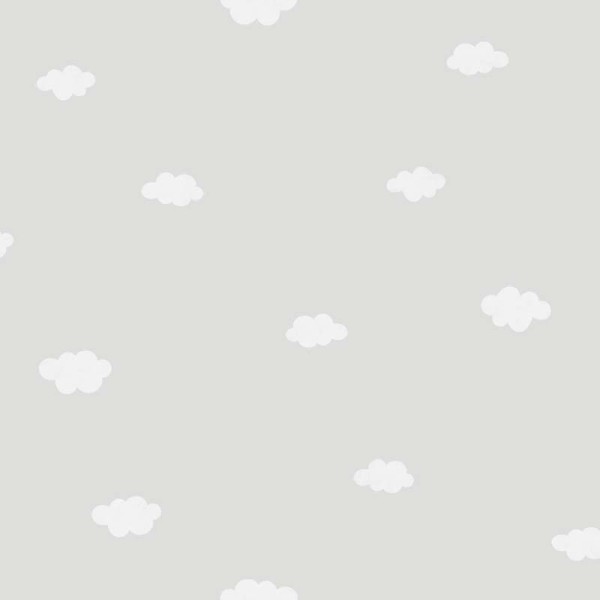 papel pintado infantil con nubes blancas y un fondo gris