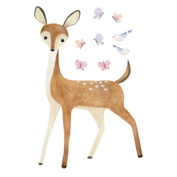 sticker infantil de bambi con mariposas y pajaritos