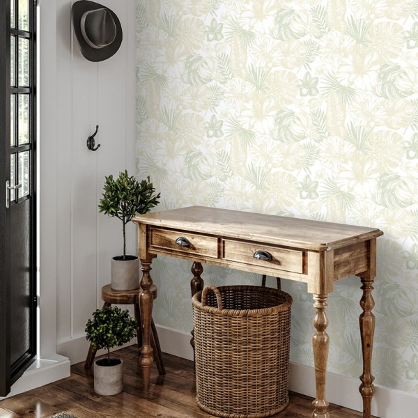 Decoração tropical com papel de parede de folhas Decoração tropical com papel de parede de folhas