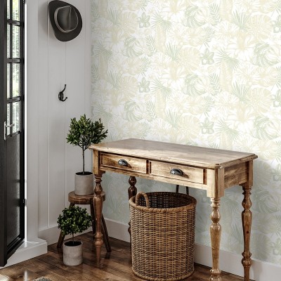 Decoração tropical com papel de parede de folhas Decoração tropical com papel de parede de folhas