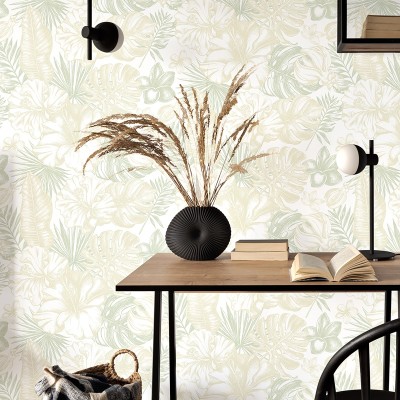 Decoração tropical com papel de parede de folhas Decoração tropical com papel de parede de folhas