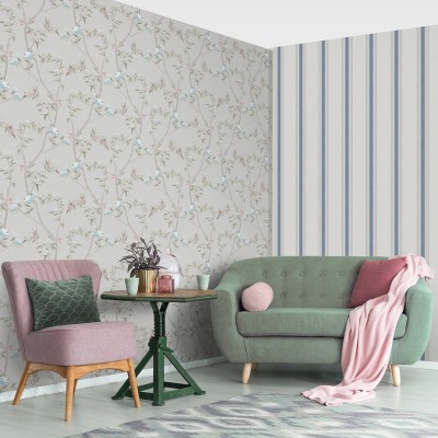 papel de parede efeito tecido cor azul, creme e cinza