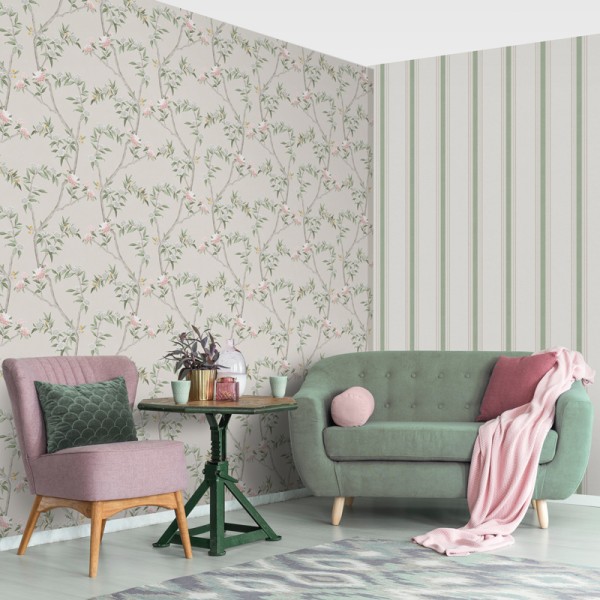 papel pintado rayas efecto tejido color verde, beige y crema
