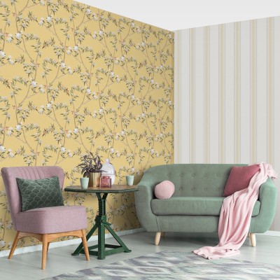papel pintado rayas efecto tejido color amarillo, beige y crema