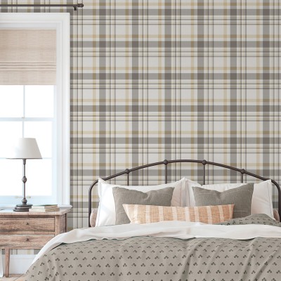 papel de parede xadrez escocês cor cinza, ocre e branco acinzentado 2