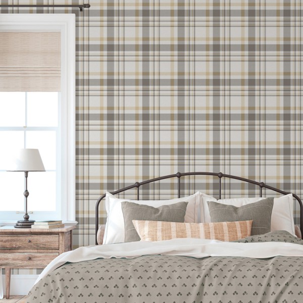 papel pintado con cuadros escoceses de color gris, ocre y blanco grisáceo, papel pintado con cuadros escoceses de color gris, ocre y blanco grisáceo,
