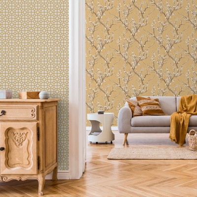 Papel pintado mosaico con formas geométricas color ocre amarillo 2