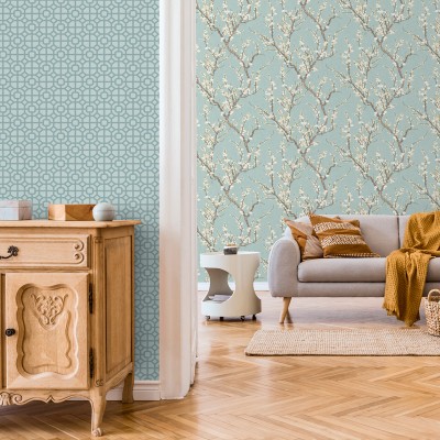 Papel pintado mosaico con formas geométricas color azulado 2