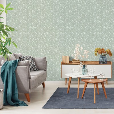 papel pintado floral romántico que contiene magnolias de color blanco con un fondo verde 2