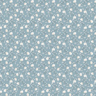 papel pintado con flores pequeñas de color crema con fondo turquesa.