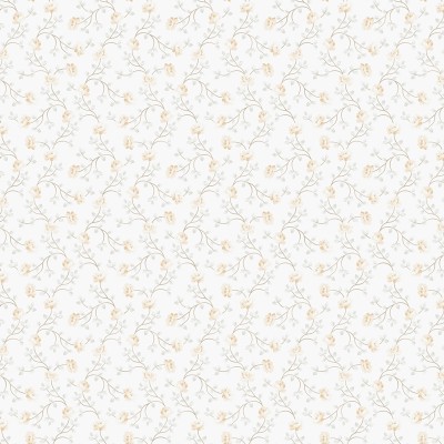papel de parede com flores pequenas cor ocre e folhas cinzas com um fundo branco