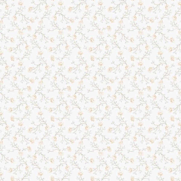papel de parede com flores pequenas cor ocre e folhas cinzas com um fundo branco