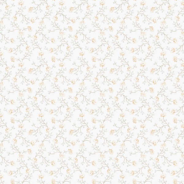 papel de parede com flores pequenas cor ocre e folhas cinzas com um fundo branco