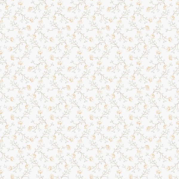 paper pintat amb flors petites de color ocre amb fulles grises i un fons blanc