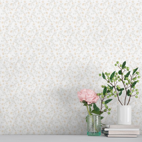 papel de parede com flores pequenas cor ocre e folhas cinzas com um fundo branco