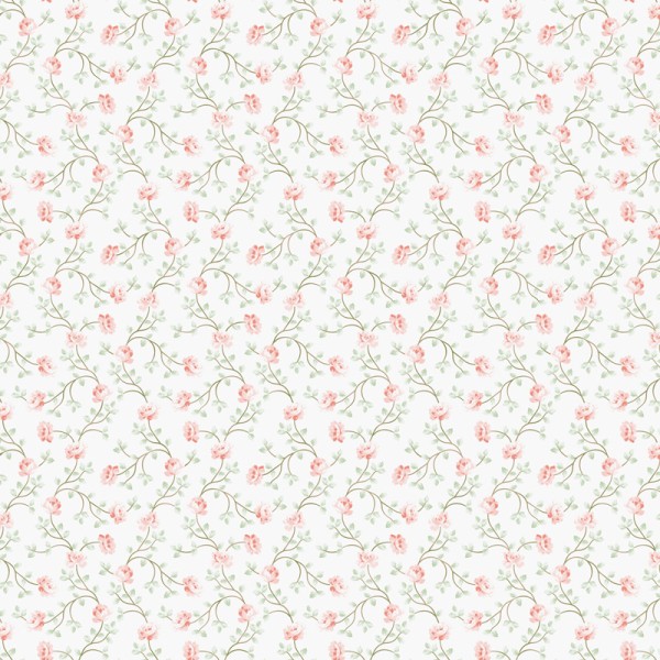 papel de parede com flores pequenas cor vermelho suave e folhas verdes com um fundo branco.