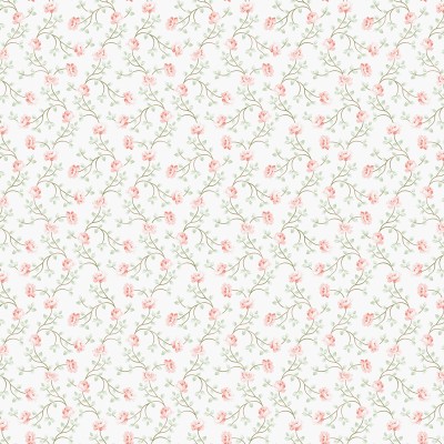 papel de parede com flores pequenas cor vermelho suave e folhas verdes com um fundo branco.