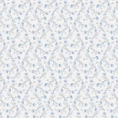 papel de parede com flores pequenas cor azul marinho e cinza sobre um fundo branco.