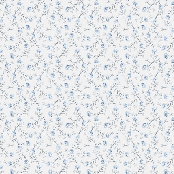 papel pintado con flores pequeñas de color azul marino y gris con fondo blanco.