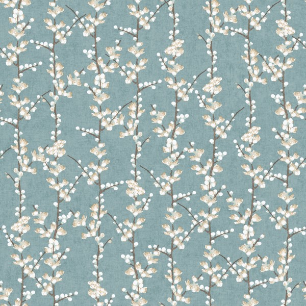 papel de parede com flores sakura,  flores e ramos verticais em bege e castanho com fundo turquesa.