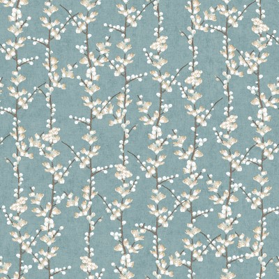 paper pintat amb flors sakura, flors i branques en vertical de color beige i marró amb fons turquesa.