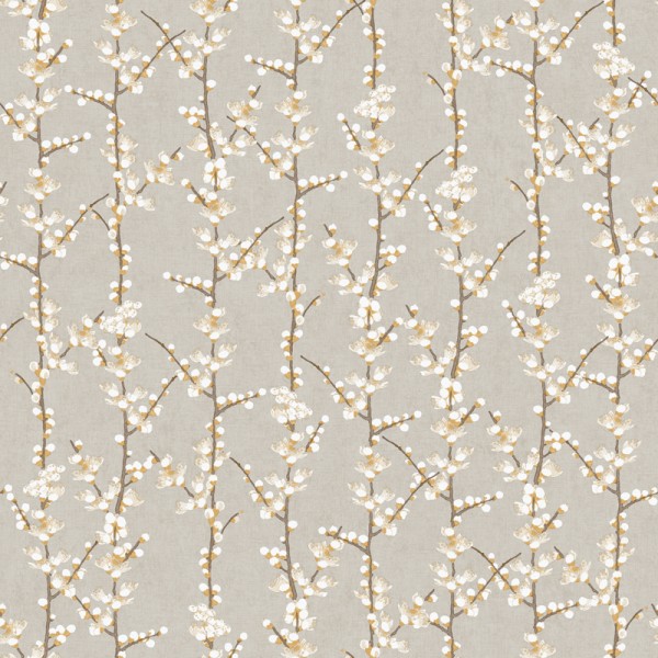 papel de parede com flores sakura,  flores e ramos verticais em ocre e branco  com fundo cinza.