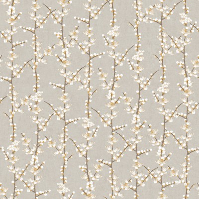 papel de parede com flores sakura,  flores e ramos verticais em ocre e branco  com fundo cinza.
