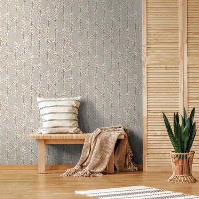 papel de parede com flores sakura,  flores e ramos verticais em ocre e branco  com fundo cinza. 2