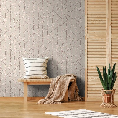 papel de parede com flores sakura, flores e ramos verticais em vermelho claro, branco e marrom com fundo bege. papel de parede com flores sakura, flores e ramos verticais em vermelho claro, branco e marrom com fundo bege.