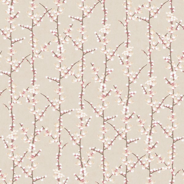 paper pintat amb flors sakura, flors i branques en vertical de color blanc, vermell clar i marró amb fons beix.