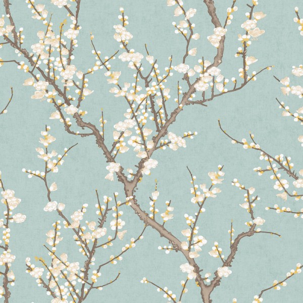 papel de parede ramos sakura, cerejeira com flores, bege, ocre e marrom com fundo verde turquesa.