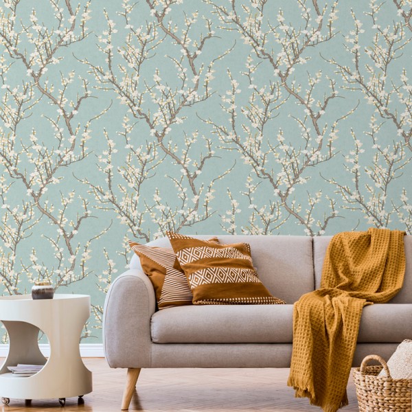 papel de parede ramos sakura, cerejeira com flores, bege, ocre e marrom com fundo verde turquesa. papel de parede ramos sakura, cerejeira com flores, bege, ocre e marrom com fundo verde turquesa.