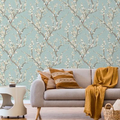 papel de parede ramos sakura, cerejeira com flores, bege, ocre e marrom com fundo verde turquesa. papel de parede ramos sakura, cerejeira com flores, bege, ocre e marrom com fundo verde turquesa.