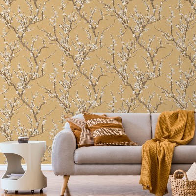 papel pintado ramas sakura, árbol de cerezo con flores beige, gris y marrón con fondo ocre. 2