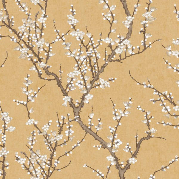 papel pintado ramas sakura, árbol de cerezo con flores beige, gris y marrón con fondo ocre.