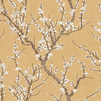papel pintado ramas sakura, árbol de cerezo con flores beige, gris y marrón con fondo ocre.