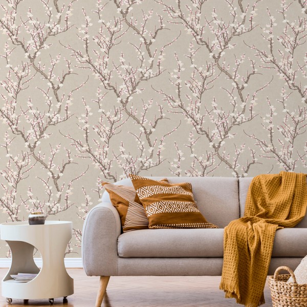 papel de parede ramos sakura, cerejeira flores vermelho claro, bege e marrom com fundo bege. papel de parede ramos sakura, cerejeira flores vermelho claro, bege e marrom com fundo bege.