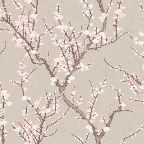 papel pintado ramas sakura, árbol de cerezo con flores pequeñas rojo claro, beige y marrón con fondo beige.