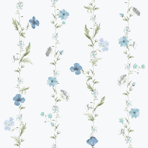 papel de parede botâtico com flores verticales cor turquesa e verde com fundo branco.