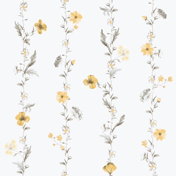 papel de parede botâtico com flores verticales cor ocre e cinza com fundo branco.