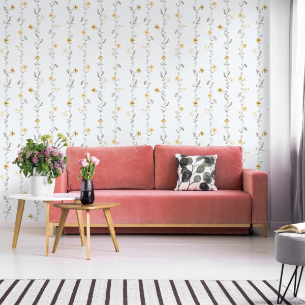 papel de parede botâtico com flores verticales cor ocre e cinza com fundo branco. papel de parede botâtico com flores verticales cor ocre e cinza com fundo branco.